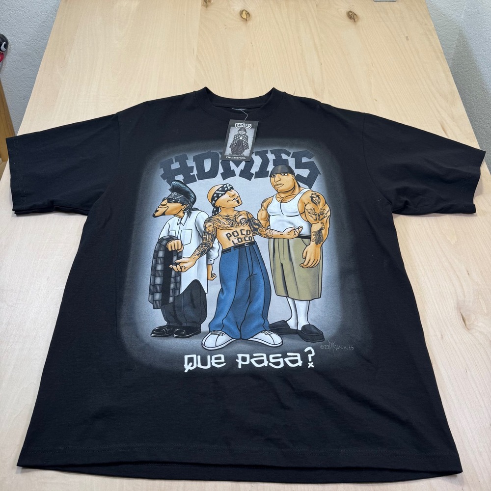 Homies Graphic T‎ Shirt Mens XL Black Que Pasa Chicano Art Tee